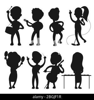 Musicians vector silhouettes isolated on white background. Musician with instrument, concert performance illustration Stock Vector
