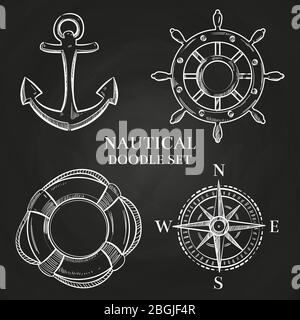 Nautical doodle elements on chalkboard. Vector handwheel, anchor, compass and lifebuoy illustration Stock Vector