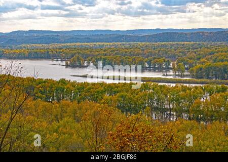 Sun and Clouds in the Fall on the Mississippi at Nelson Dewey State Park in Wisconsin Stock Photo