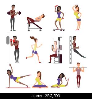 Fitness people vector cartoon characters set. Male and female athletes isolated on white background. Sport man character, woman training running, jogging and stretching illustration Stock Vector