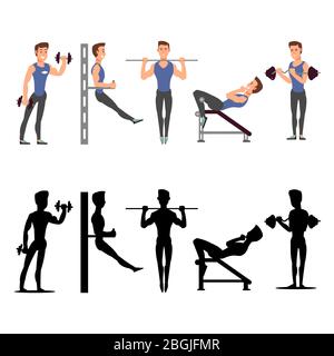 Sport man characters. Vector male fitness silhouettes isolated on white background illustration Stock Vector