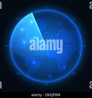 Radar screen. Military blue sonar. Navigation interface vector map. Illustration of navigation monitor, military digital equipment Stock Vector