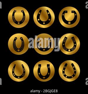 Black horseshoe vector icons on golden rounds of set. Vector illustration Stock Vector