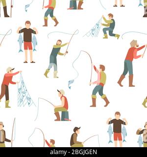 Flat fisher man seamless pattern. Fishing background with cartoon character people. Vector illustration Stock Vector