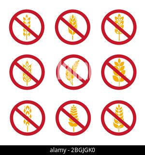 No wheat ears vector icons. Gluten free grains icons isolated on white Stock Vector