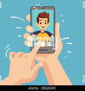 Young happy man taking selfie photo on smartphone. Male face portrait on cellphone screen. Cartoon vector illustration. Video selfie man, photographing young guy, posing selfportrait Stock Vector