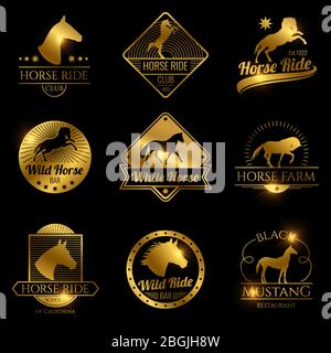 Golden racing horse, running mare vector vintage logos on black background illustration Stock Vector