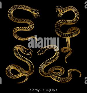 Golden snake set. Hand drawn snakes isolated on black background. Vector illustration Stock Vector