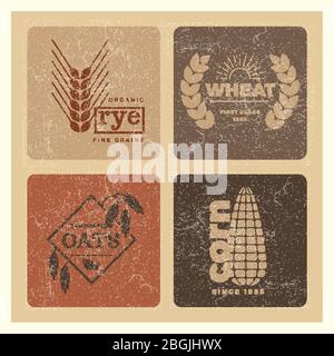 Grunge organic wheat grain farming agriculture vector logo set illustration Stock Vector
