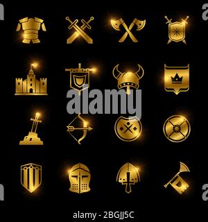 Golden shiny medieval warriors shield and sword vector icons illustration Stock Vector