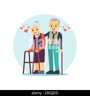Smiling and happy old couple. Elderly family in love cartoon character isolated on white. Vector illustration Stock Vector