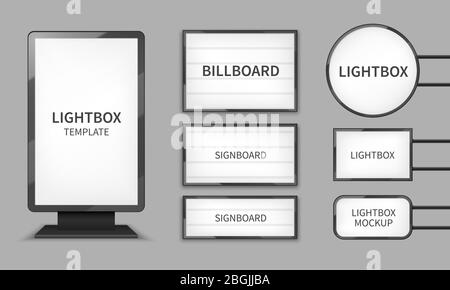 Light boxes. Retail lighting 3d billboards, retro cinema signs. Outdoor signage boards vector template. Advertising promotion, signboard and announcement lightbox screen illustration Stock Vector