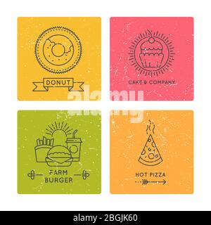 Grunge fast food restaurant and cafe vector logo set in linear style. Food colorful vintage cards illustration Stock Vector