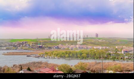 Ankara/Turkey-April 28 2019; A Park near lake Mogan with Golbasi city Stock Photo