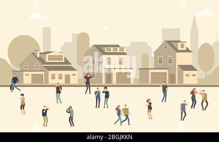 People in dust mask. Men and women suffering from dust in cityscape. Vector illustration. Pollution smog from industry, radioactive unhealthy Stock Vector
