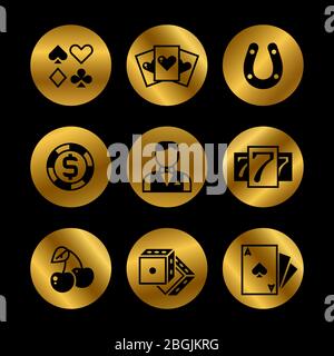 Gold and black lottery, roulette, casino, slot machine, gambling vector icons of set illustration Stock Vector