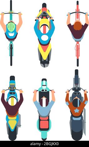 People on bike top view. Persons ride motorcycle, scooter and bicycle in overhead view. Vector set of scooter and bike speed illustration Stock Vector
