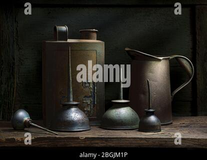 Old oil cans as still life Stock Photo