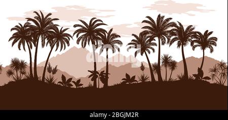 Exotic Horizontal Seamless Landscape, Palm Trees and Tropical Plants Silhouettes on the Background of Mountains and Clouds. Vector Stock Vector