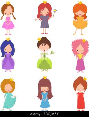 Kids fashion show characters. Little princesses girls vector set. Illustration of pretty woman, children happy Stock Vector