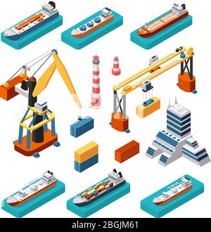 Isometric 3d ships, cranes, sea port building, lighthouse and shipping containers vector marine logistic set isolated. Sea crane and industry building illustration Stock Vector