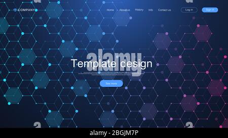 Website template design. Asbtract scientific background with colorful dynamic waves, hexagonal innovation pattern. Modern landing page for websites or Stock Vector