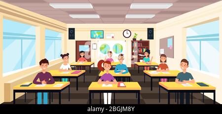 Pupils study in classroom interior. Pupils in school lesson vector concept. Study classroom interior with desk and chair. Vector illustration Stock Vector