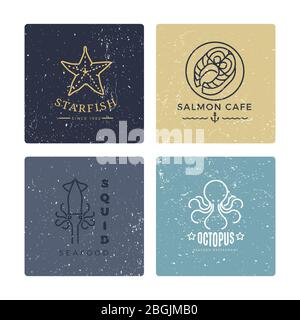 Grunge seafood labels line style collection isolated on white. Vector illustration Stock Vector