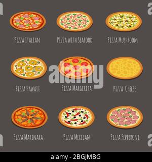 Delicious pizza icons. Pepperoni, margherita and other italian pizzas slices isolated vector illustration. Hawaiian and mushroom, restaurant menu Stock Vector