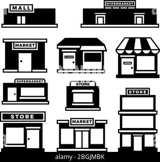 Mall and shop building icons. Shopping and retail pictograms. Supermarket, store exterior vector black symbols isolated. Monochrome building shop and store, market and retail illustration Stock Vector