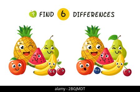 Finding differences. Children game with happy cartoon fruits. Vector illustration for kids book. Fruit apple and pineapple, plum and banana, berry and pear Stock Vector