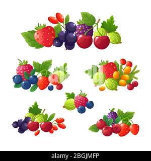 Fresh summer berries. Strawberry, blackberry, blueberry, cherry, raspberry cartoon vector set. Fruits food sweet, berry vitamin illustration Stock Vector