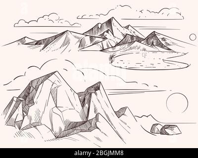 Hand drawing sketched mountain landscapes with lake, stones, clounds artwork. Vector illustration Stock Vector