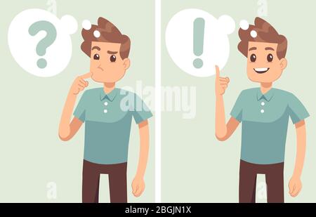 Smart young man, student thinking, understands problem and finds successful solution, vector cartoon characters isolated. Young man character solution and thinking illustration Stock Vector