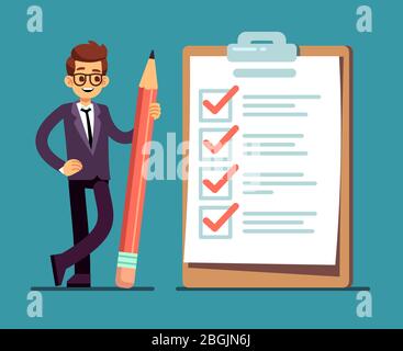 Businessman holding pencil at big complete checklist with tick marks. Business organization and achievements of goals vector concept. Check list with tick mark, businessman with questionnaire Stock Vector