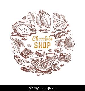 Chocolate shop vector emblem design with sketched cocoa beans and chocolate bars isolated on white background illustration Stock Vector