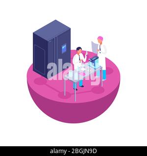 Two scientists make a laboratory experiment. Chemistry laboratory 3d isometric with laboratory equipment vector illustration Stock Vector