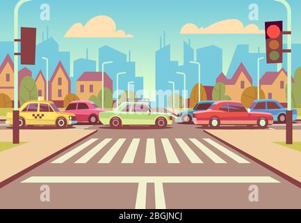 Cartoon city crossroads with cars in traffic jam, sidewalk, crosswalk and urban landscape vector illustration. Road with car on intersection way Stock Vector