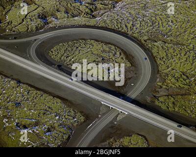 Aerial shot of the number one road close to Reykjavik Stock Photo