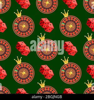 Casino and poker seamless pattern with dice and roulette on green. Vector illustration Stock Vector