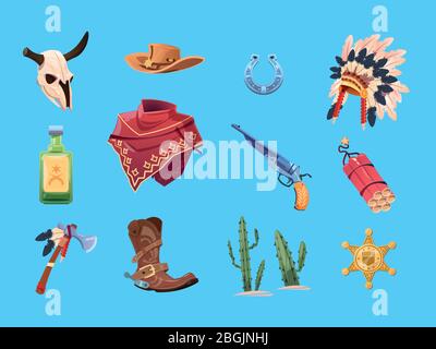Wild west cartoon set. Cowboy boots, hat and gun. Bull skull, indian war bonnet and tomahawk. Isolated vector collection. Illustration of dynamite and cowboy, star badge american, revolver weapon Stock Vector