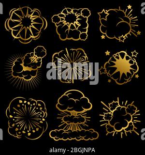 Golden explosion clouds. Comic smoke rings vector set collection illustration Stock Vector