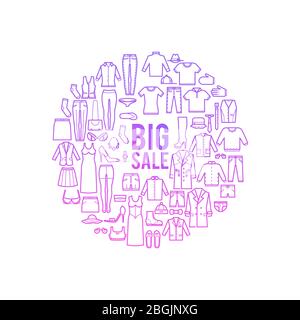 Fashion and shopping concept with clothes thin line vector icons. isolated on white. Big sale colorful banner design illustration Stock Vector