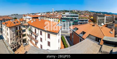 Panoramic skyline view of Bergamo city, Lombardy, Italy. Bergamo old town or upper town (Italian: Citta Alta) on the hill on background Stock Photo
