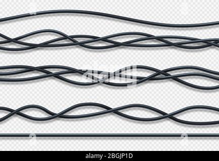 Realistic electrical wires, connection industrial cables vector set. Wire connection, cable power energy illustration Stock Vector