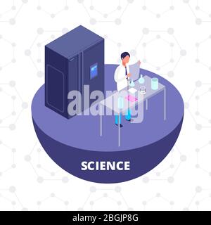 Science 3d isometric research lab with laboratory equipment and scientist vector illustration. Chemistry laboratory 3D icon isolated Stock Vector