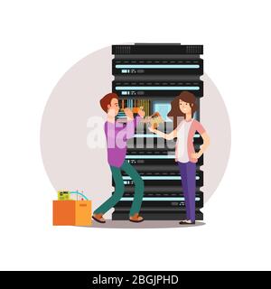 Cartoon characters male and female computer engineers. Server administrators working together. Vector illustration Stock Vector