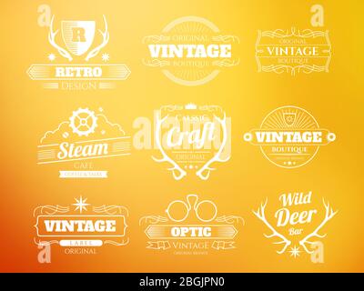 White vintage vector hipster logos and labels set with deer horns on sunny background illustration Stock Vector