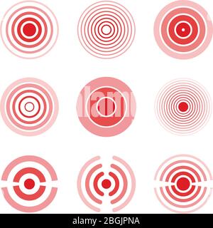 Pain red rings to mark painful woman and man body parts, neck, bones, muscle and headache. Medical vector set of radial target medical problem illustration Stock Vector