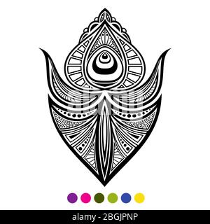 Black and white peacock bird feather isolated on white background. Vector feather coloring page design illustration Stock Vector